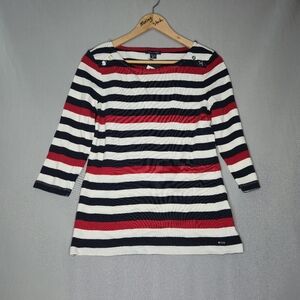 NWT Tommy Hilfiger Striped Boat Neck 3/4 Sleeve Top Nautical Buttons Size M